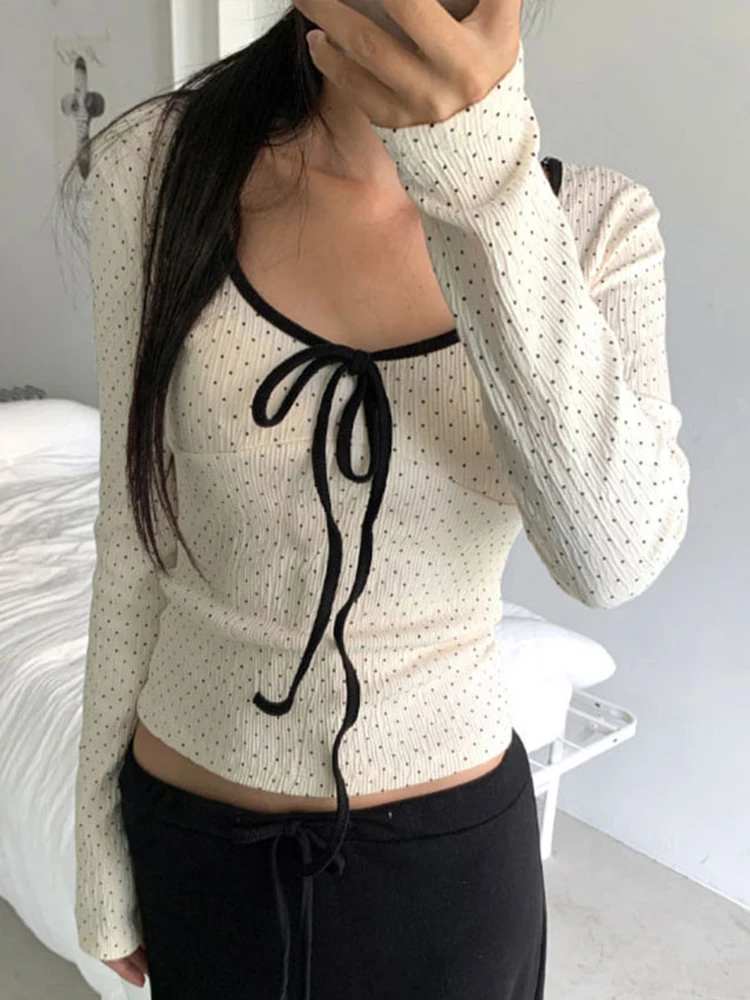 Nice Women T-shirt Autumn Fashion New Streetwear Bandage Long Sleeves Polka Dot Print O-Neck Tees Lady Versatile Casual Slim T-s