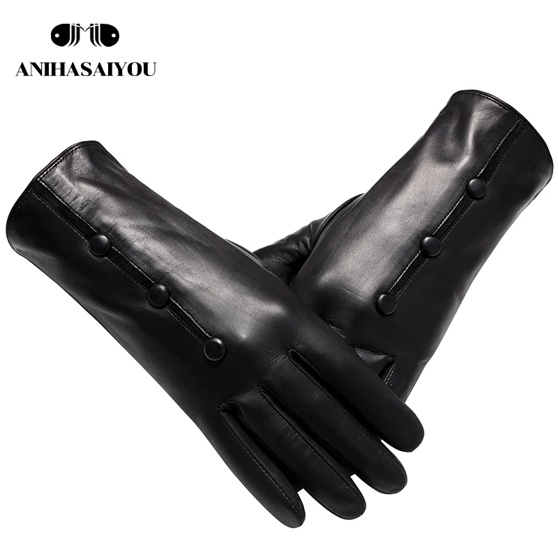 Sheepskin women's leather gloves,High grade leather gloves women,Keep warm mittens women's winter,black women's gloves-0719