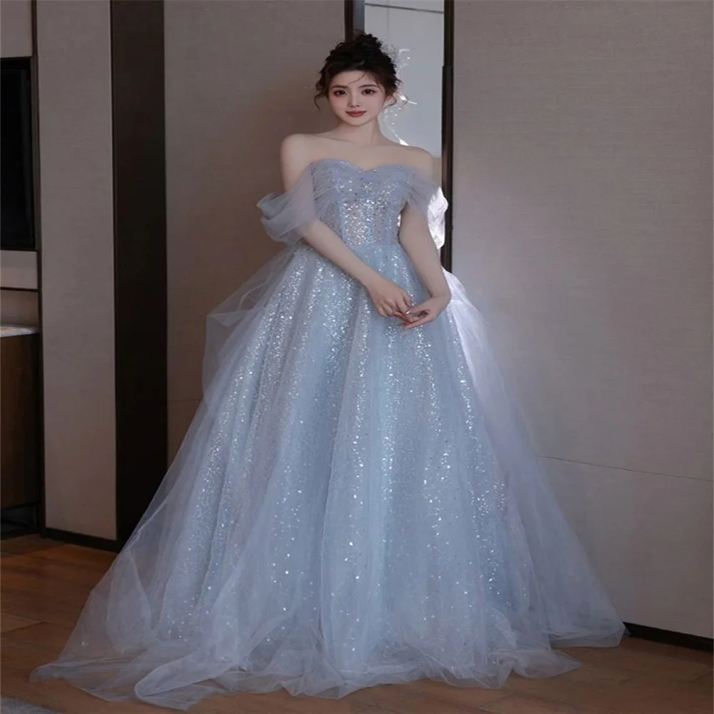 Light Blue Tulle Princess Wedding Dresses 2022 For Bride Off The Shoulder Sleeveless Glitter Ball Bridal Gown Custom Made 080