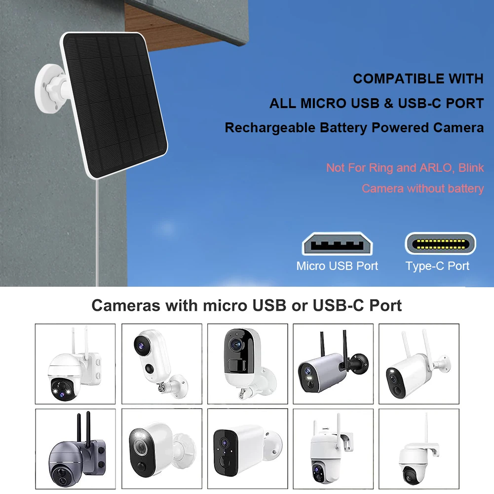 30/10W Solar Panel Micro USB & USB-C Port Solar Charging Panel 9.8 Ft Charging Cable 360°Adjustable Mounting for Security Camera