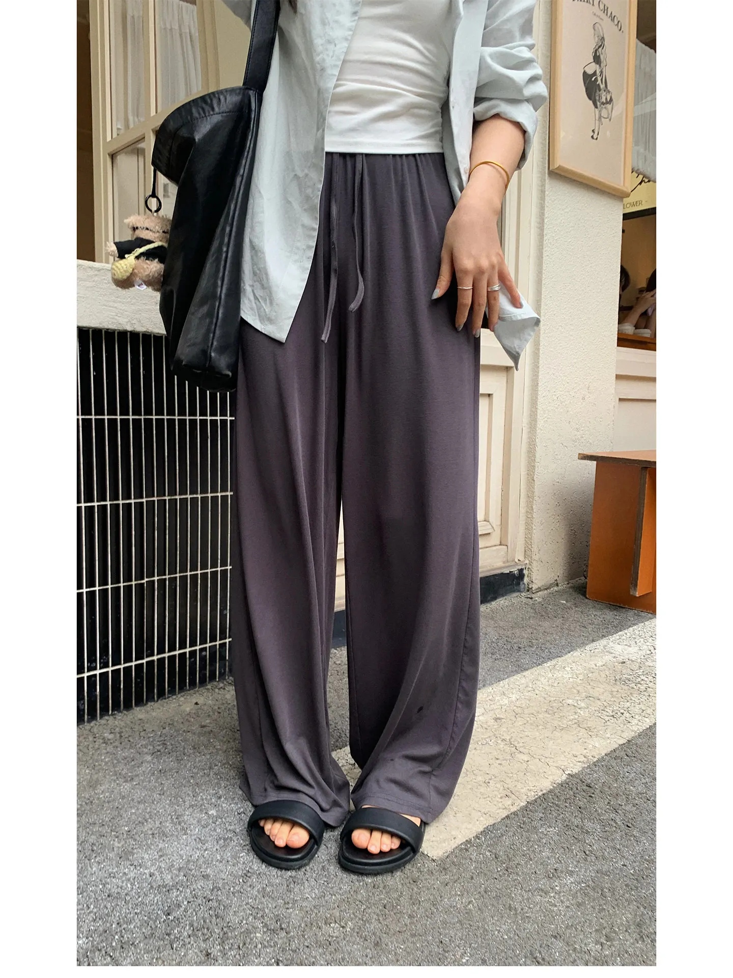 

Silky Modal Wide Leg Floor Length Casual Pants Elastic Waist Women's Summer Faion Commute Sle High Waist Pure Color