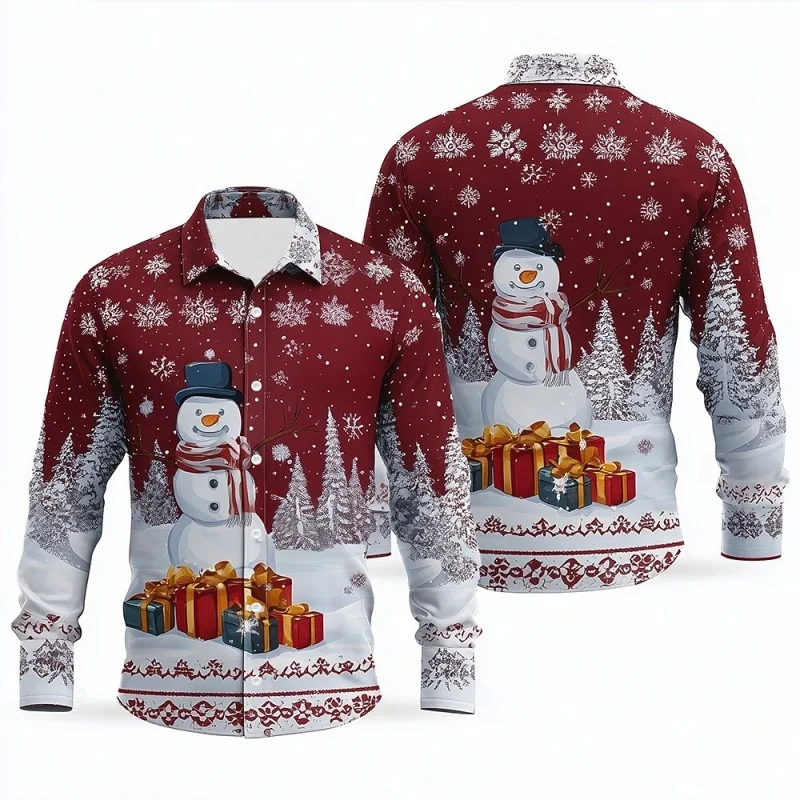 Christmas Men's Snowman And Snowflake Pattern Shirt Collared Long-Sleeve Outdoor Holiday Comfort Shirt Holiday Attire