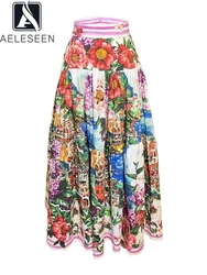 AELESEEN 100% Cotton Long Skirt Runway Fashion Women Sicilian Summer Colorful Flower Print Seascape Striped Elegant Party Poplin