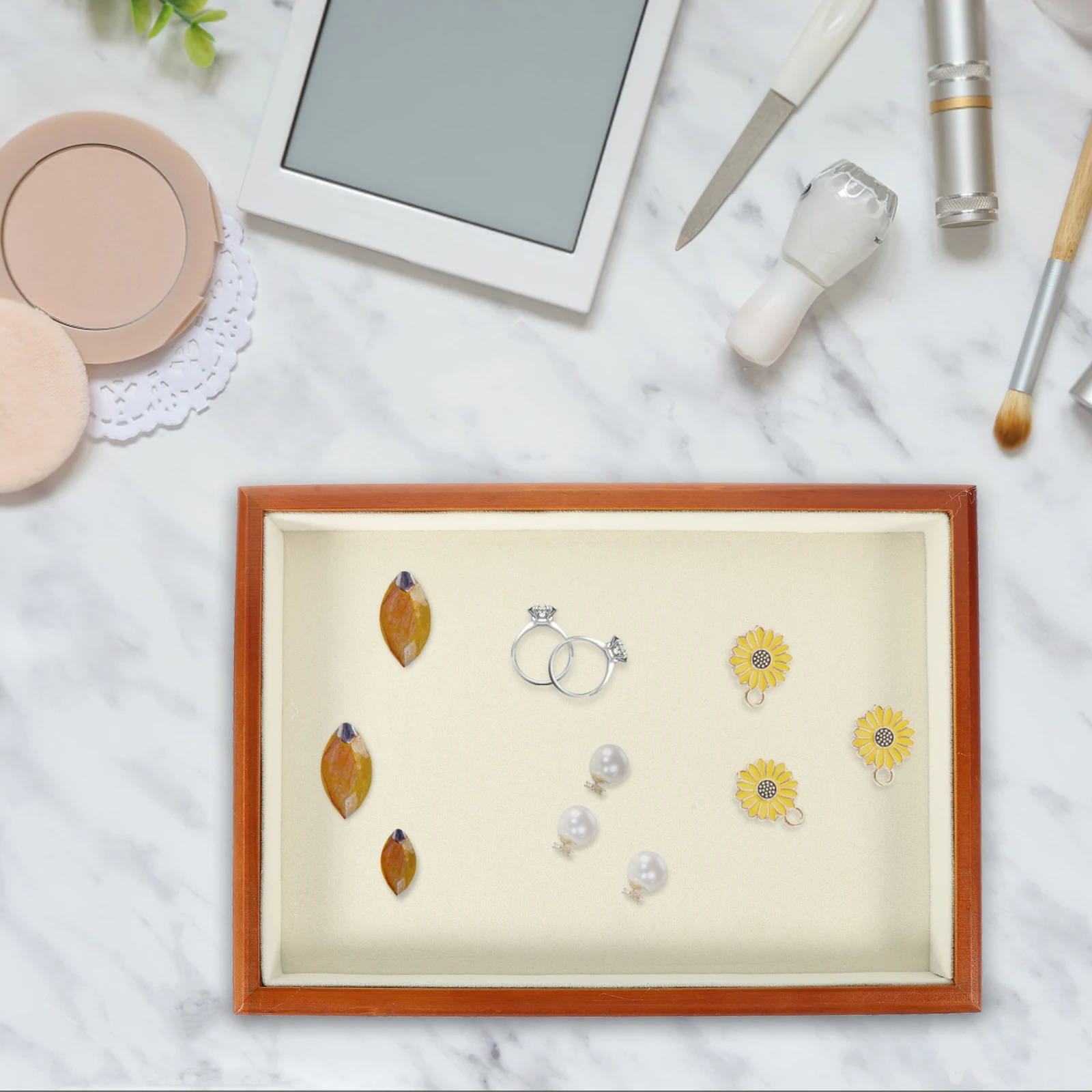 

Solid Wood Jewelry Tray Storage Organizer Display Case Rings Earrings Necklaces Bracelets Makeup Trinkets Lining Vintage Style