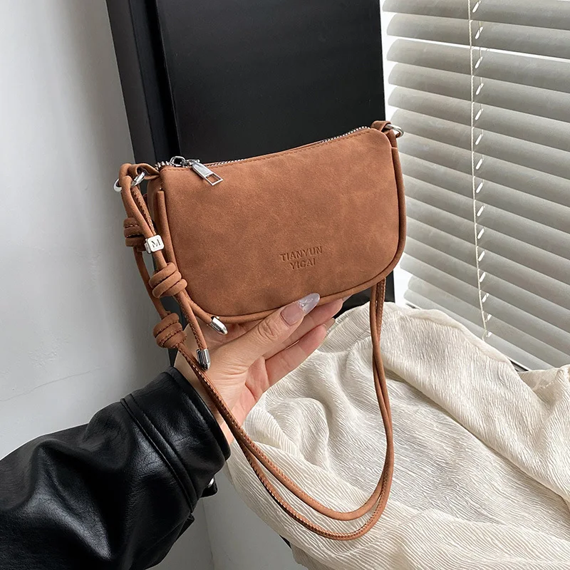Retro Suede Shoulder Bags for Women Simple Solid Color Ladies Adjustable Crossbody Bag Lightweight Portable Female Phone Clutch