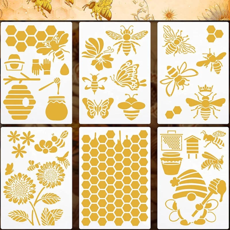 

6pcs Sunflower Bee Stencil DIY Layering Furniture Floor Wall Painting Scrapbook Coloring Embossing Decora Template 20.4*29.7cm