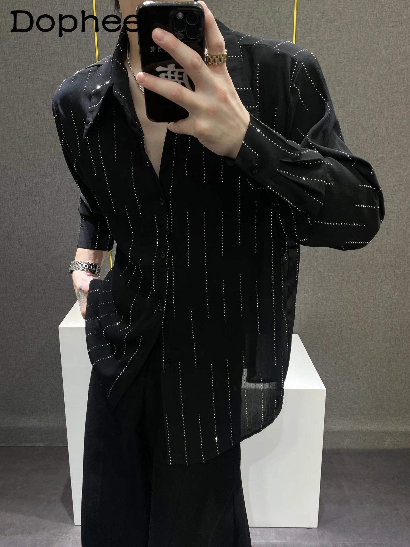 

2025 Summer New High-End Striped Heavy-Duty Rhinestone Shirt Handsome Men Loose Casual Long-Sleeve Breathable Shirt Trendy