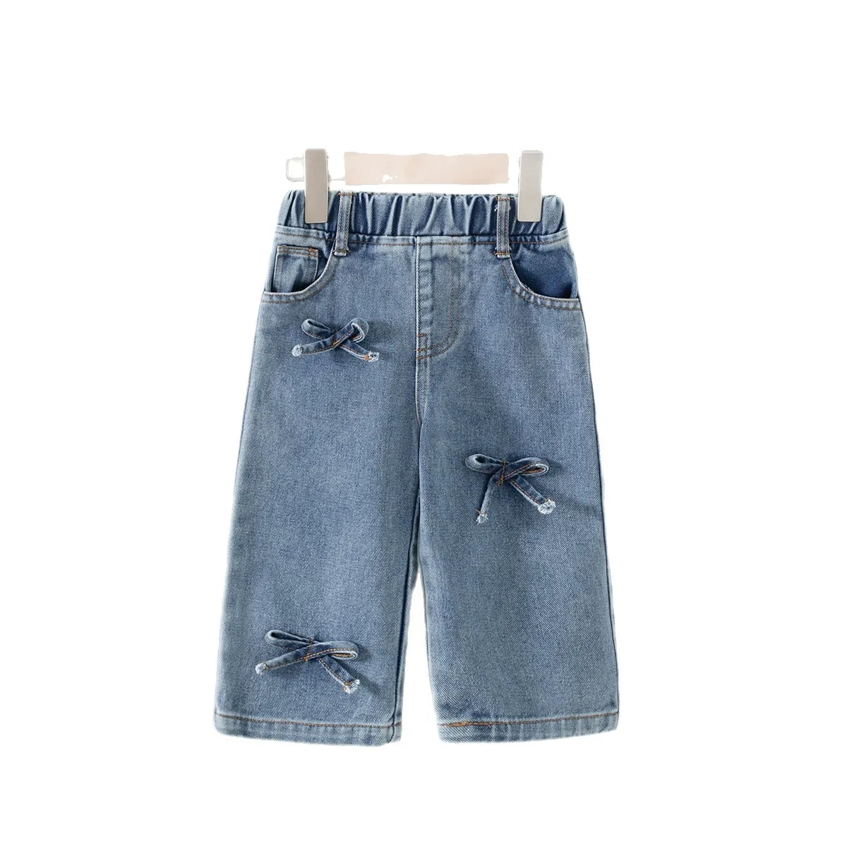 Summer New Girls Denim Trousers Infant Fashion Casual Pants Baby Girl Bow Jeans Straight Leg Pants Toddler Clothes  Q..