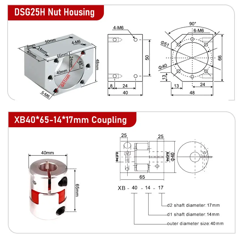 Kugelumlaufspindel Serie SFU2504/2505/2510 L = 1200–2550 mm + HM20-80/86 Gusseisen C7/C5 für Nema32/34 + Pflaumenkupplung XB40 * 65 + BF20 + DSG25H – Detail 9