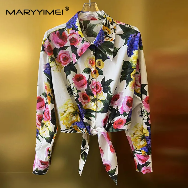 MARYYIMEI New Poplin Tied Short Shirt 2024 Spring Collar White Art Shirt Woven Cotton Printed Long Sleeve Culottes Top Set