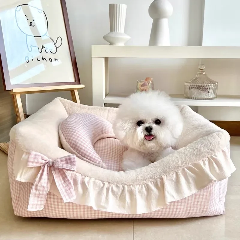 

Pet House Bed Cats Small Dog Sofa Cat Nest Rural Style Pure Cotton with Lotus Leaf Edges Detachable and Washable Pet Supplies