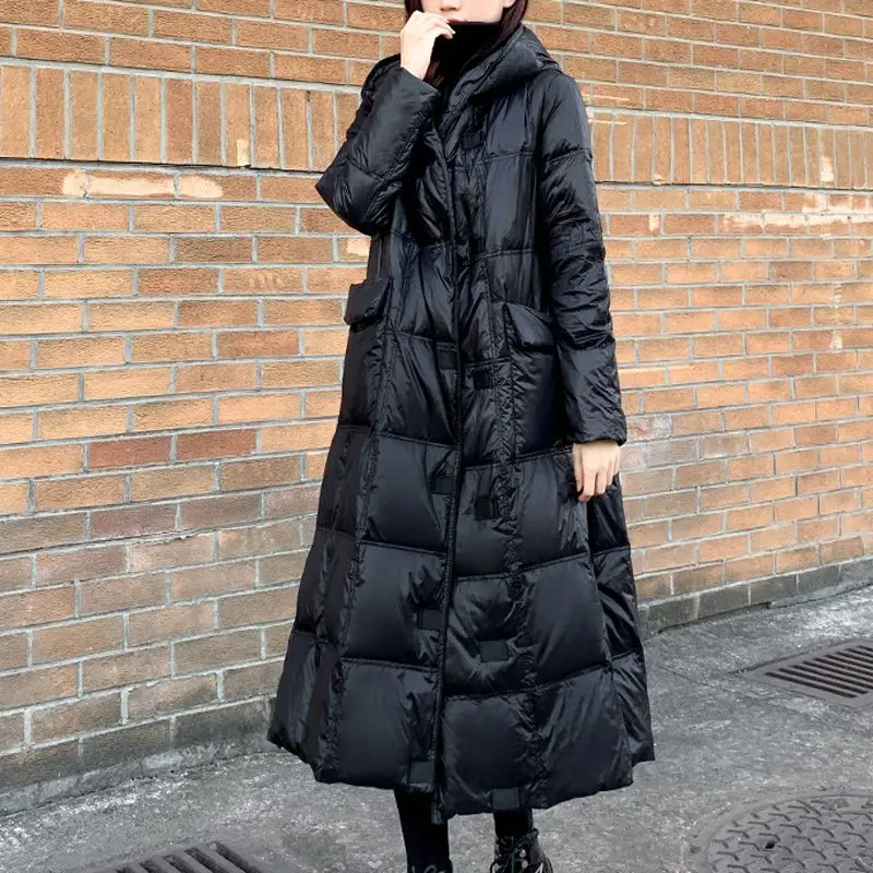 Chaqueta de plumón larga con capucha para mujer, chaqueta de plumón de gran tamaño, invierno 2025