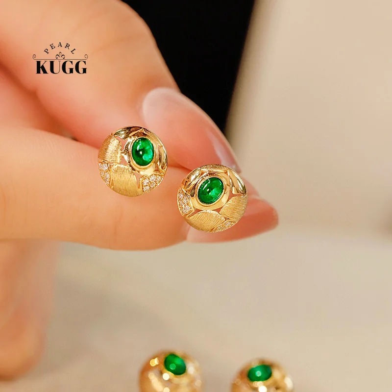 

KUGG 18K Yellow Gold Earrings Vintage Ball Design Real Natural Emerald Shiny Diamond Gemstone Earrings for Women Party Jewelry