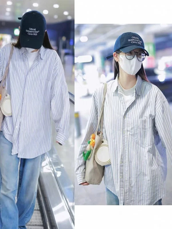

Blue Striped Loose Casual Boyfriend Style Shirt Jacket Top Versatile Elegant Shirt Outerwear for Women Daily Wear
