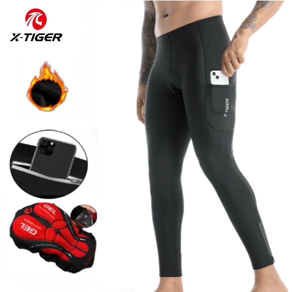 X-TIGER Winterfietsbroek met achterzak 5D Gel gewatteerde heren Fleece Sport Warme lange broek MTB Road Ski Motorfiets Fietsbroek