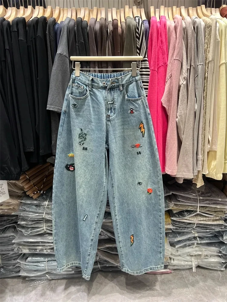 

plus Size American Retro Waed Embroidered Denim Pants Women Loose Hip Covering High Waist Wide Leg Long Summer Jeans