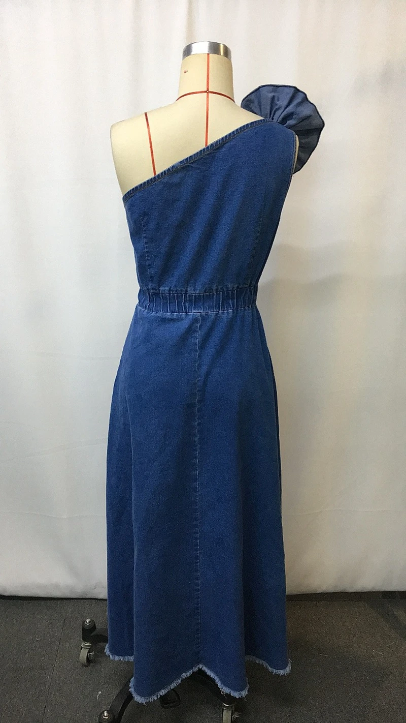 Stylish Lady Floral Appliques Denim Dress 2025 Autumn Women One Shoulder High Waist Blue Elegant OL Party Maxi Vestidos De Festa