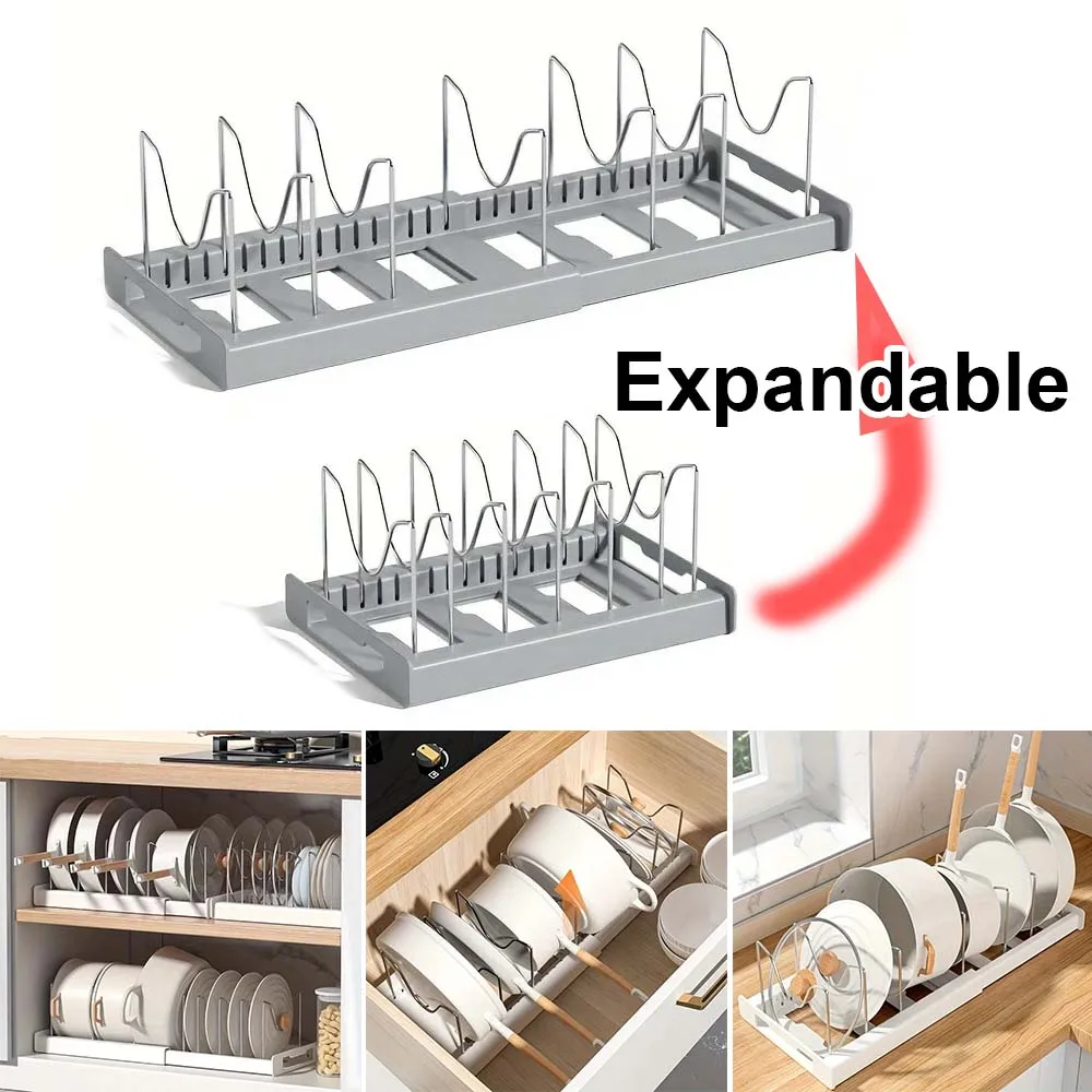 

White Grey Kitchen Storage Rack Adjustable Pot Storage Organizer Kitchen Utensil Shelf for Kitchen Pot Lid Bowls Holder 주방정리수납