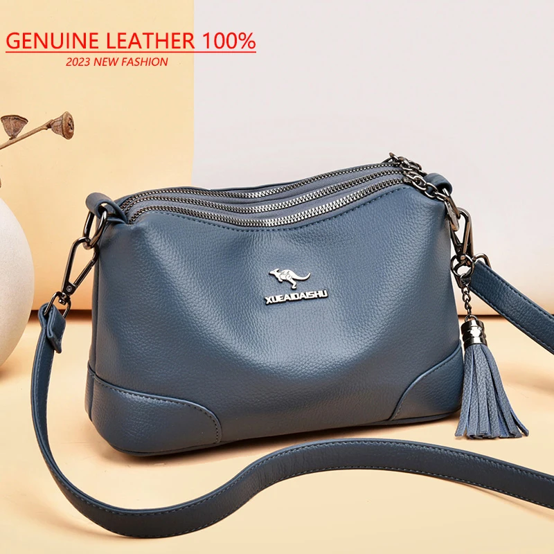 

Women's Genuine Leather Handbag Lady Crossbody Bag Exquisite Tassel Pendant Solid Color Large Capacity 2023 New Luxury Handbags