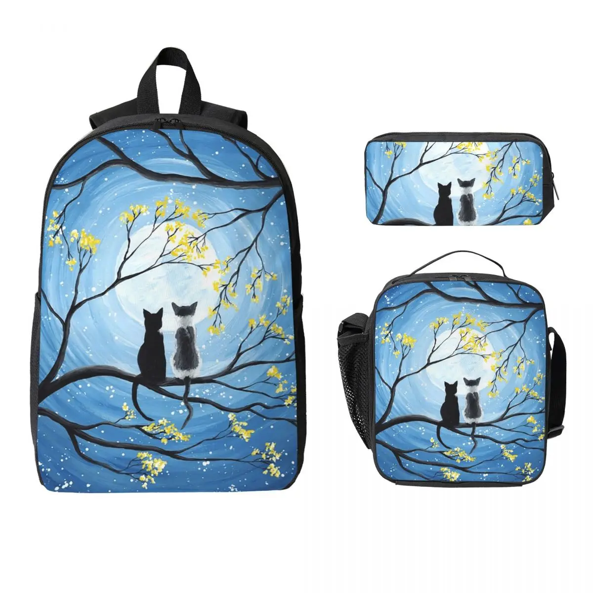 Cats Watching The Night View Of The Moon Backpack BookBag School Bag Computer Shoulder Bags 3ps Insulated Lunch Bag Pencil Case