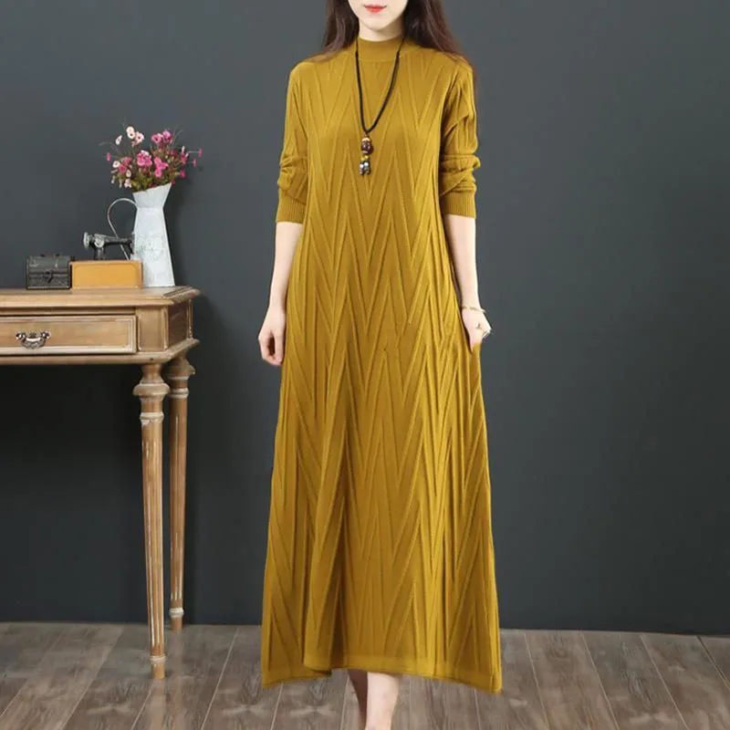 

Long Sleeve Party Midi Dress for Women Autumn Winter Knitt O Neck Elegant Knitted Sweater Dresses Ladies Slim Waist A-line Dress