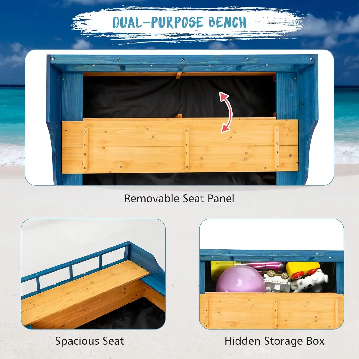 Pirate Boat Wood Sandbox for Kids, Wooden Pirate Sandpit w/Bench Seat, Storage Space, Ground Liner, Realistic Flag&Rudder, Child