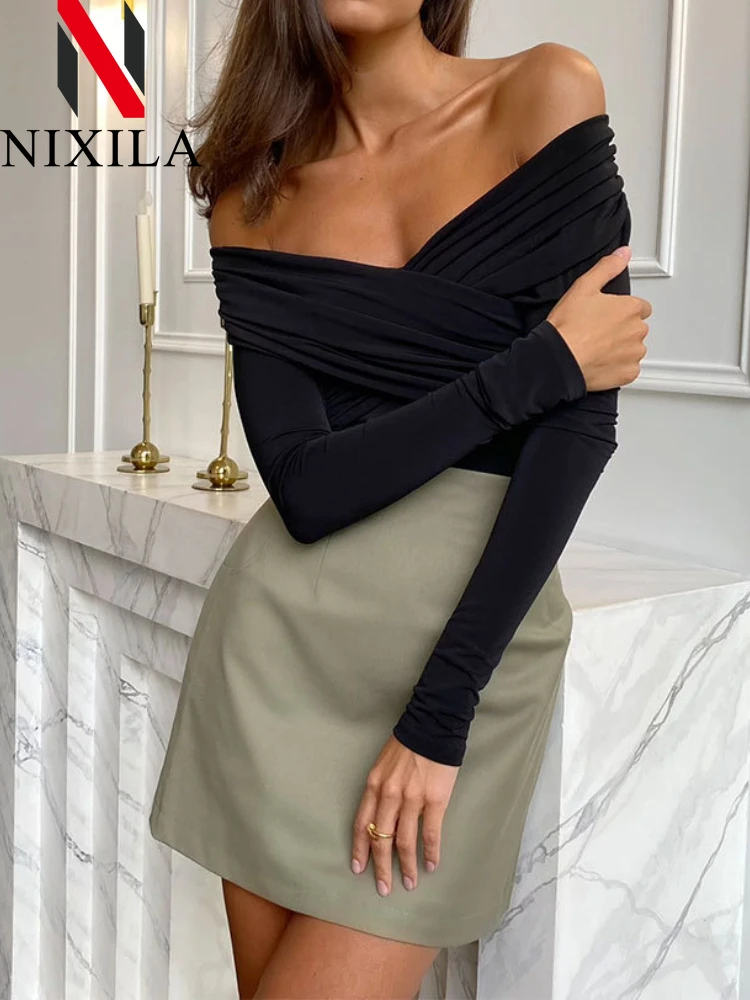 Nuova estate una spalla tuta da donna manica lunga aderente top sexy spalle scoperte magliette skinny tute per le donne