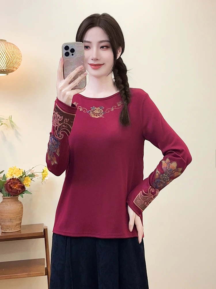 

Женский круглый пуловер из модала и хлопка с вышивкой в стиле ретро, повседневная футболка, топ, эластичный, удобный крой