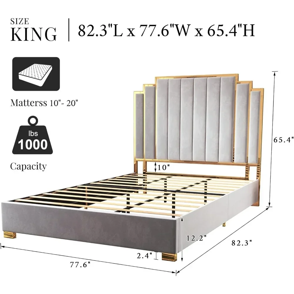 King Size Platform Bed Frame,  Velvet Upholstered Bed with Gold Trim Headboard/Wooden Slats