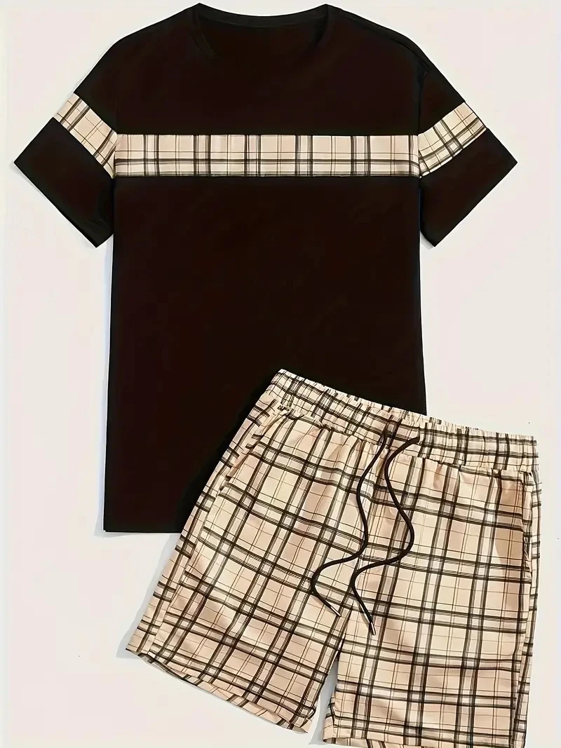 New Men's Two-Piece Plaid Print Fashion Men's Suit Summer O-Collar Short-Sleeved Polo Shirt + Shorts Two-Piece Men's Suit