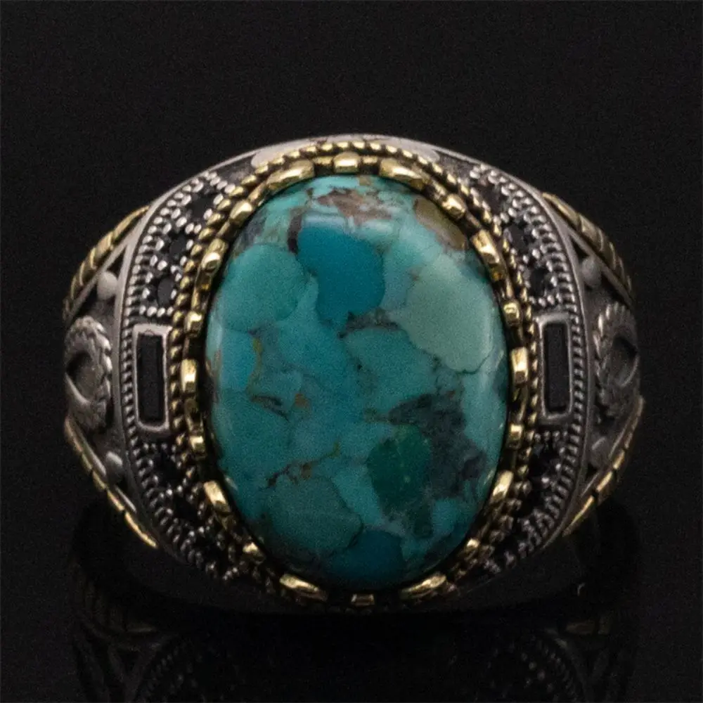 925 Sterling Silver Ring Male Natural Turquoise Stone Vintage Classic Simple 925 Silver Wedding Hand Rings Men