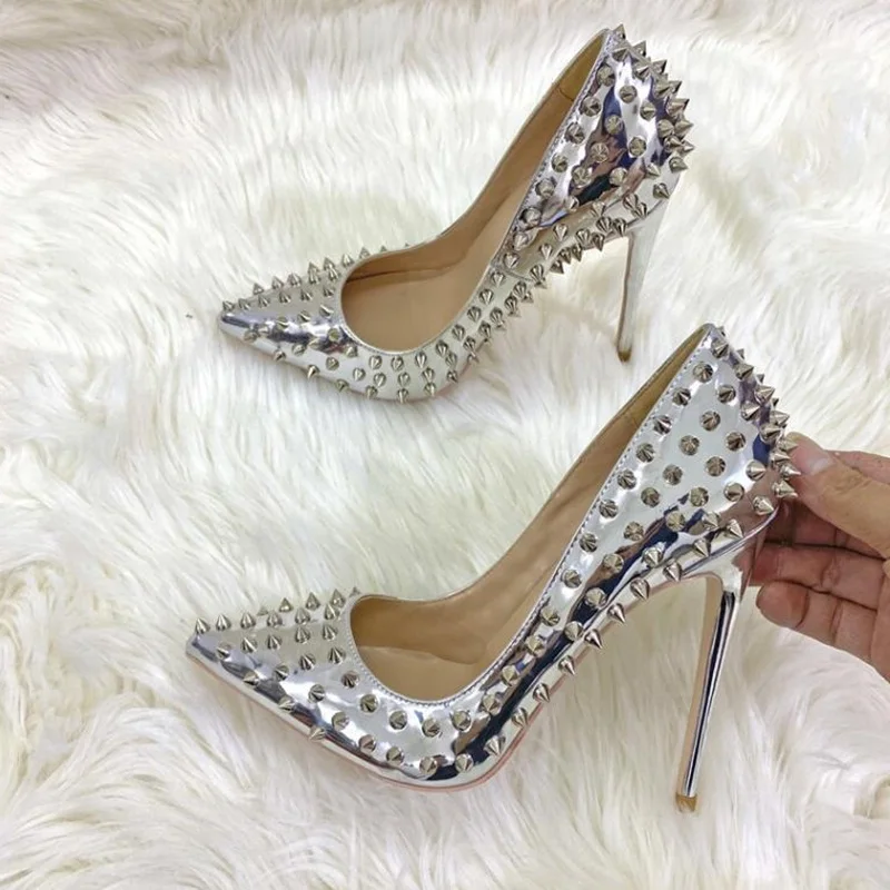 

Sexy Full Rivets Spikes Women Pumps Silver Patent Metallic Leather Stiletto Heels Female Dress shoes 12cm 10cm 8cm Pointed Toe