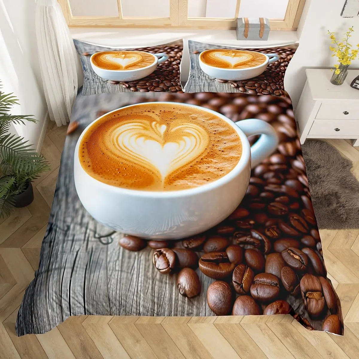 

Coffee Duvet Cover Queen King Cartoon Coffee Drink Cup Print Bedding Set Coffee Lover Comforter Cover Modern Brown Quilt Cover
