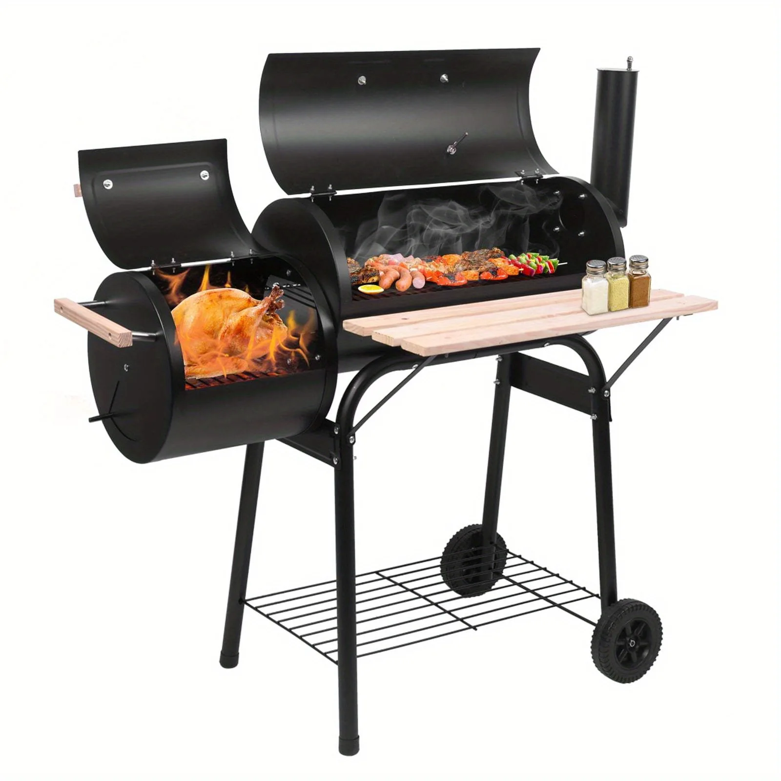 

Outdoor Black bbq Charcoal Grill with Offset Smoker Patio
