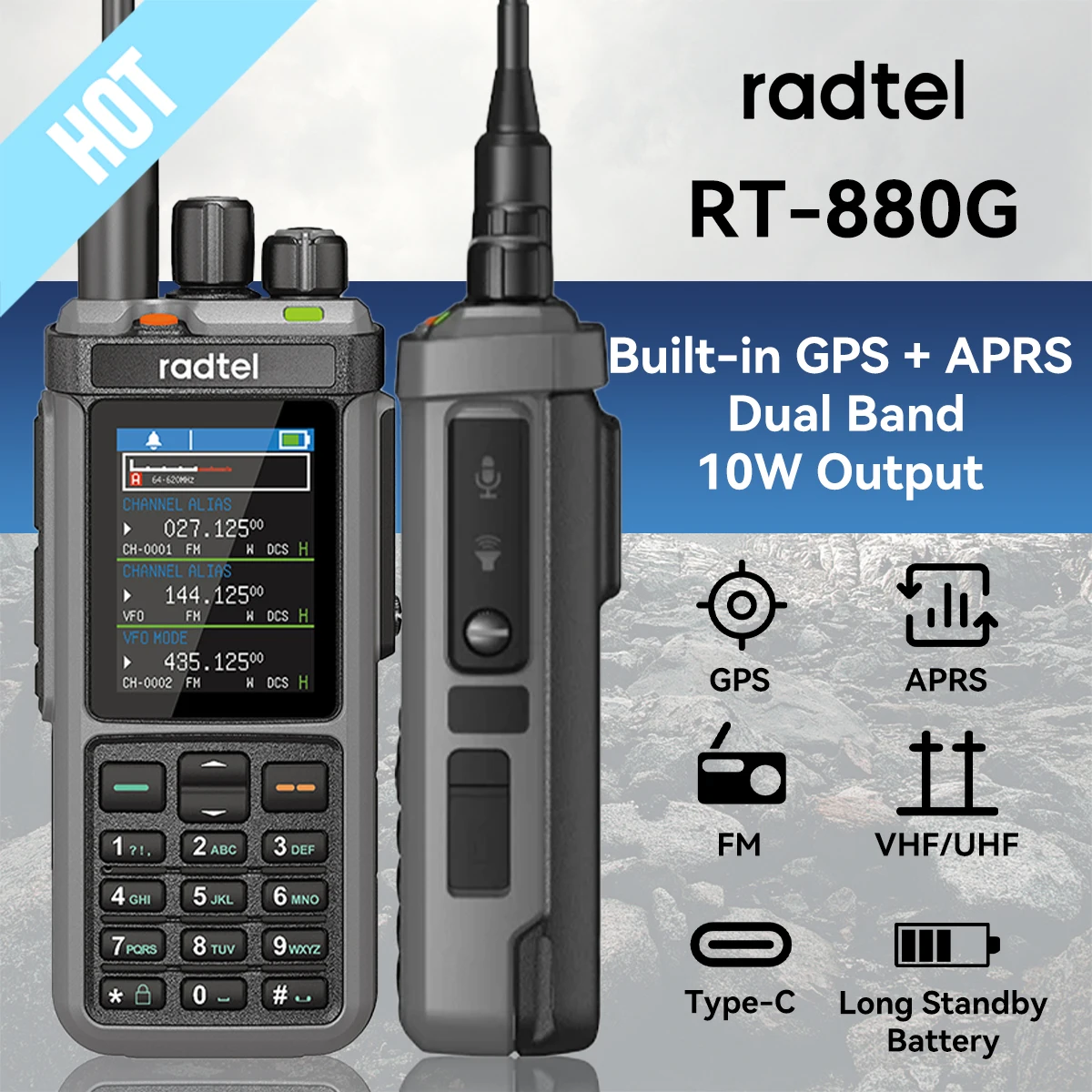 Radtel RT-880G CB Radio 10w radio amateur toutes bandes avec fonctions APRS et GPS. Cela couvre les bandes HF, UHF et VHF et la bande UHF