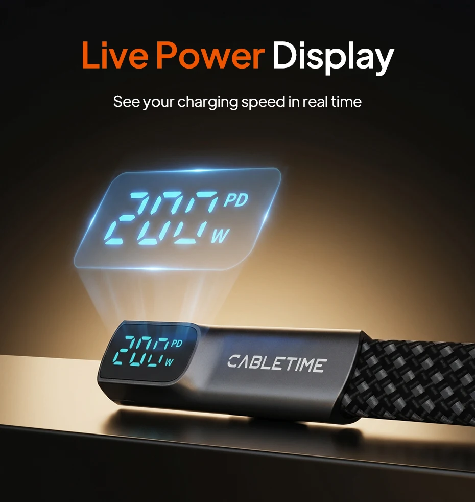 CABLETIME 240W USB-C-Kabel, Schnellladekabel mit Digitalanzeige, Typ-C-Kabel für Macbook, iPhone, Duo, Samsung S25, Laptop – Detail 6