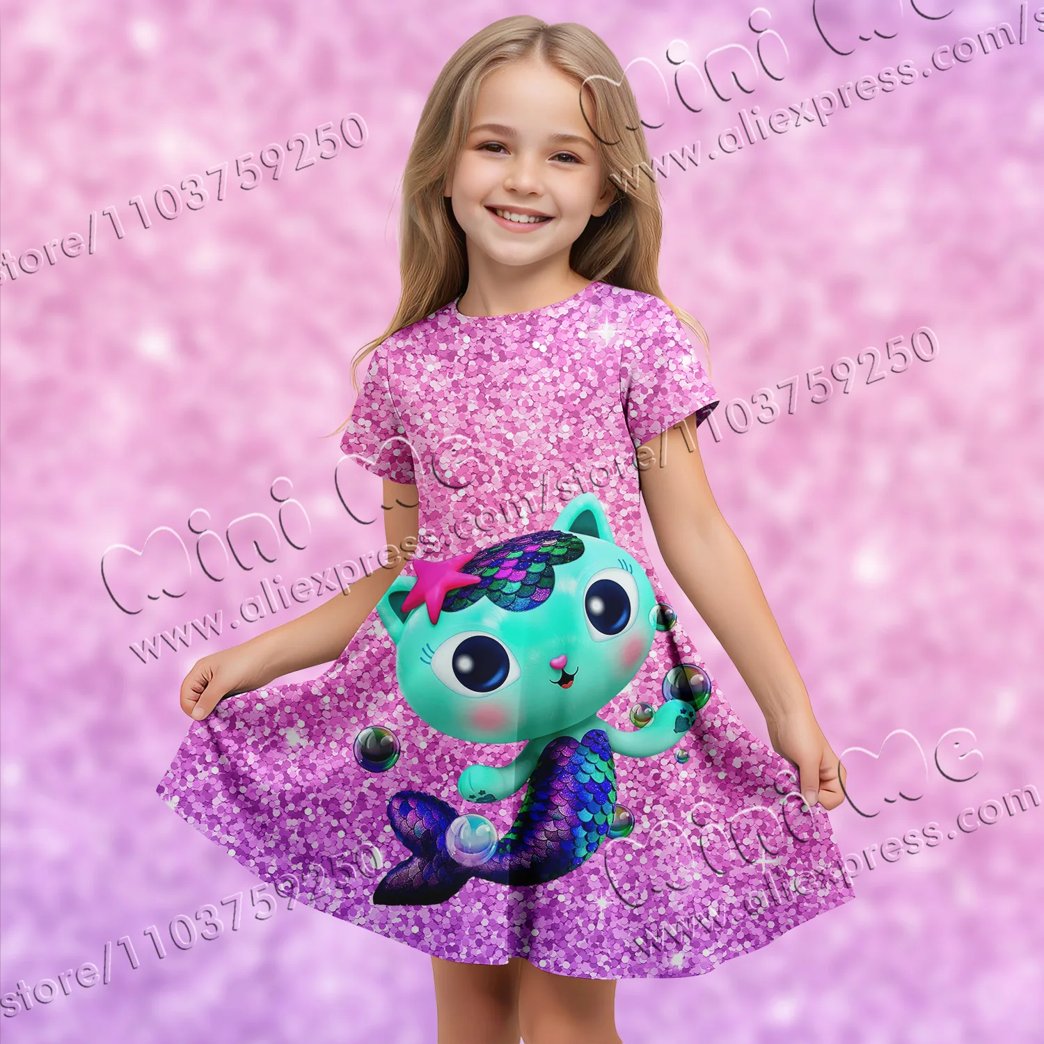 MINISO Authorized Sequins 3d Printing Gabby Dollhouse Elegant Dresses Girl Clothes Summer Dress Holiday Dress 2024 Children