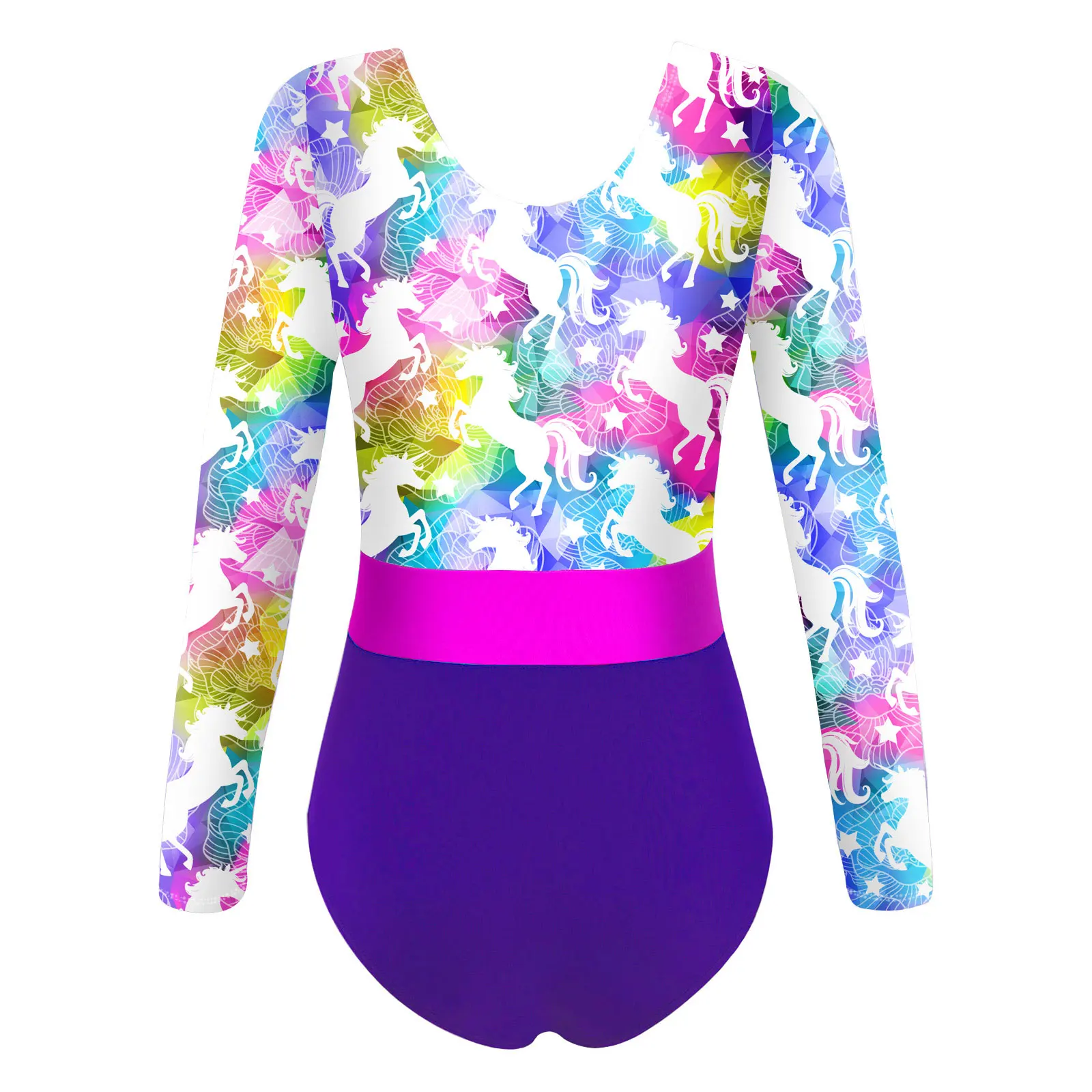 Toddler Girls Gymnastics Swimwear Swimsuit for Dancing Colorful Print Ballet Leotards Round Neck Long Sleeves Bodysuit Jumpsuit