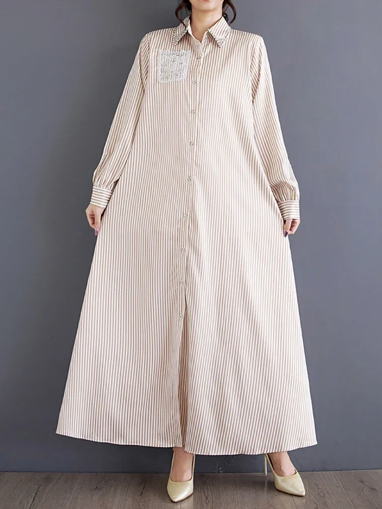XITAO Turn Down Collar Stripe Women Shirt Dress Casual 2025 Autumn Long Sleeve Elegant Loose A-line Ankle Length Dress LJ1070