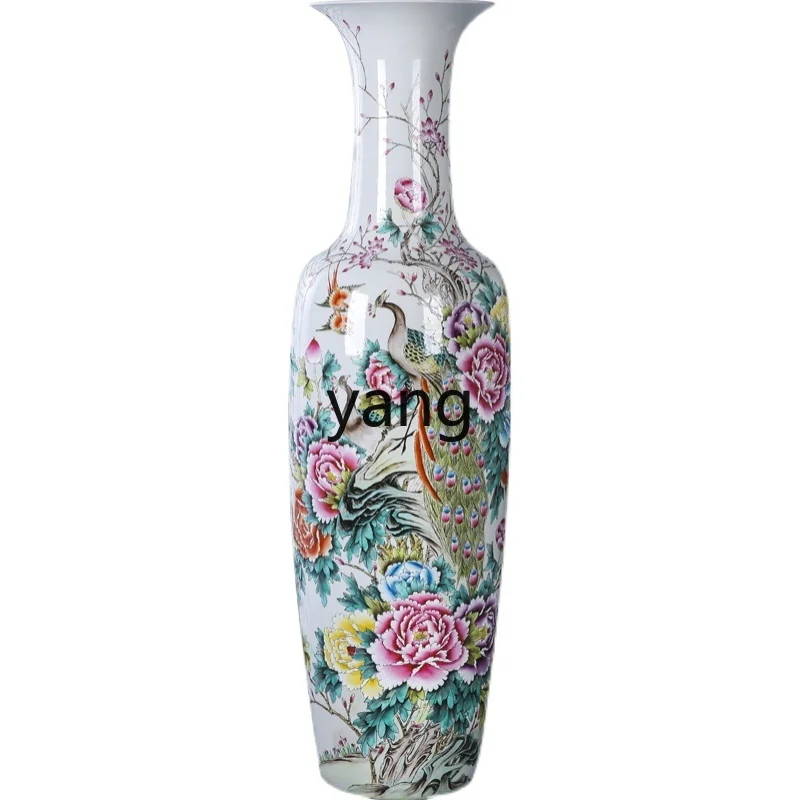 

LTT Large Floor-standing Vase Pastel Hand-painted Flower Blooming Wealth Living Room TV Cabinet Ornament Decoration