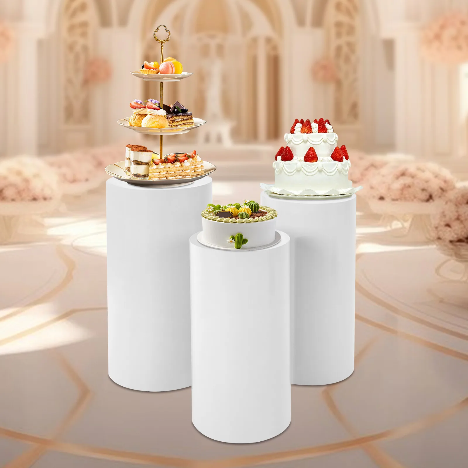 

Sturdy 3-Piece Iron Cylindrical Display Stand with Varying Heights for Wedding & Event Dessert Arrangements