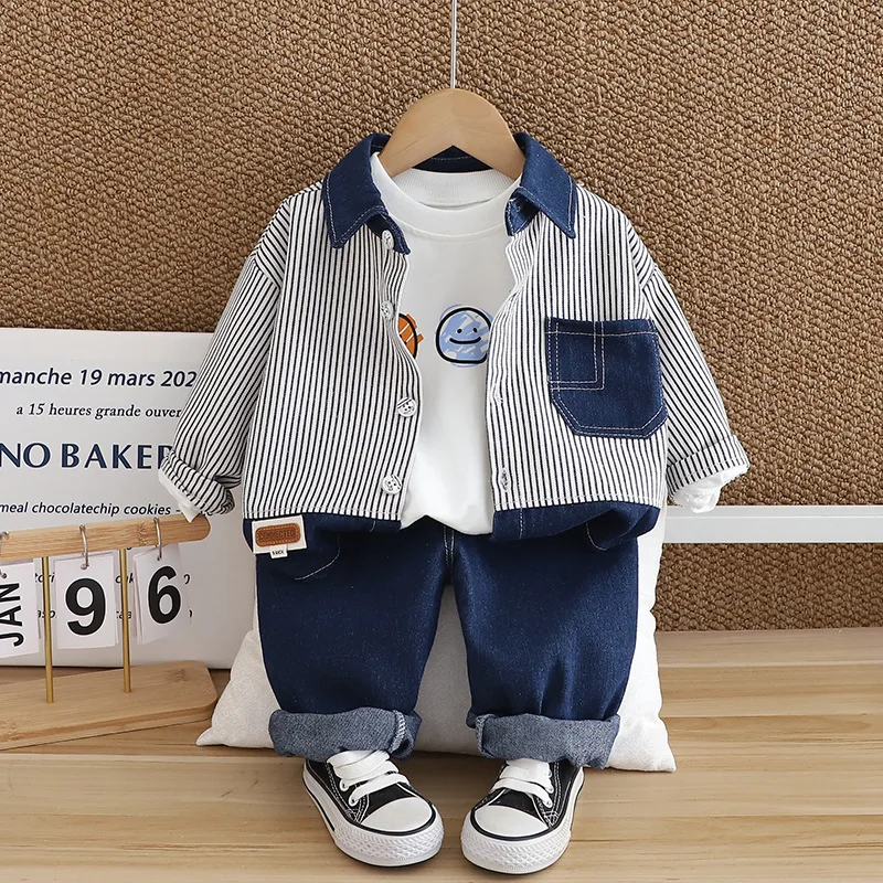 Korean Spring Autumn Kids Boys 3PCS Clothes Set Smiling Top Striped Polo Shirts Denim Pants Suit Toddler Boys Outfits