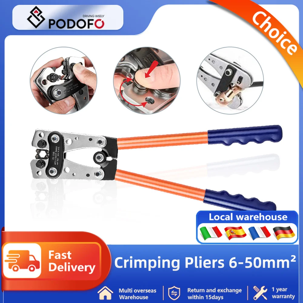 Podofo Crimping Pliers 6-50mm² Tube Terminal Crimper Hex Crimp Tool Battery Cable Lug Cable Hand Tools