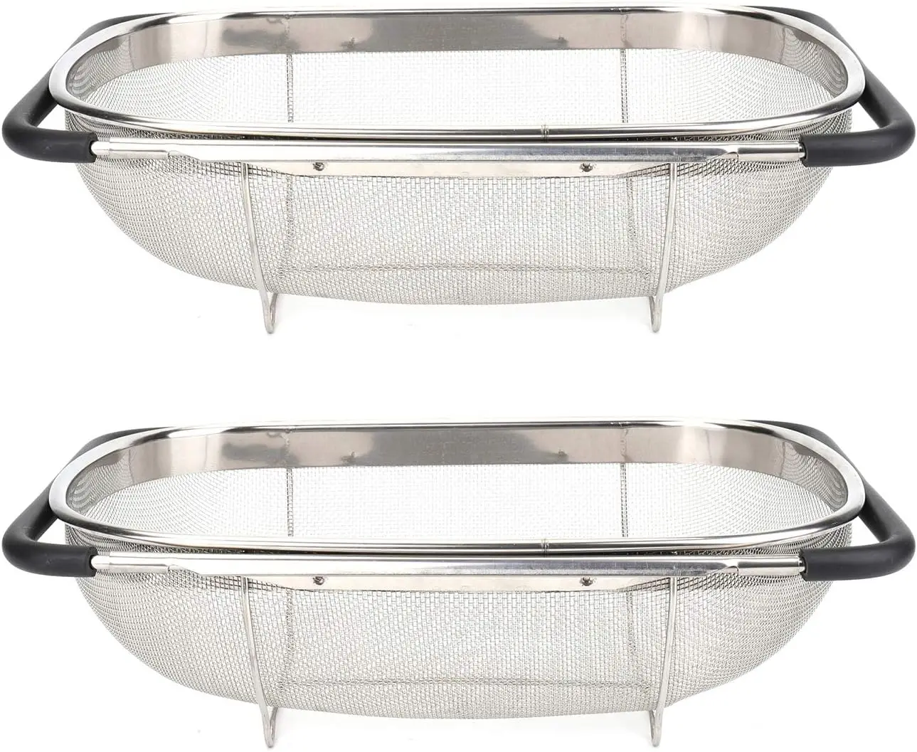 

2-Pack Stainless Steel Fine Mesh Oval Colander with Expandable Rubber Grip Handles for Straining Fruits and Vegetables