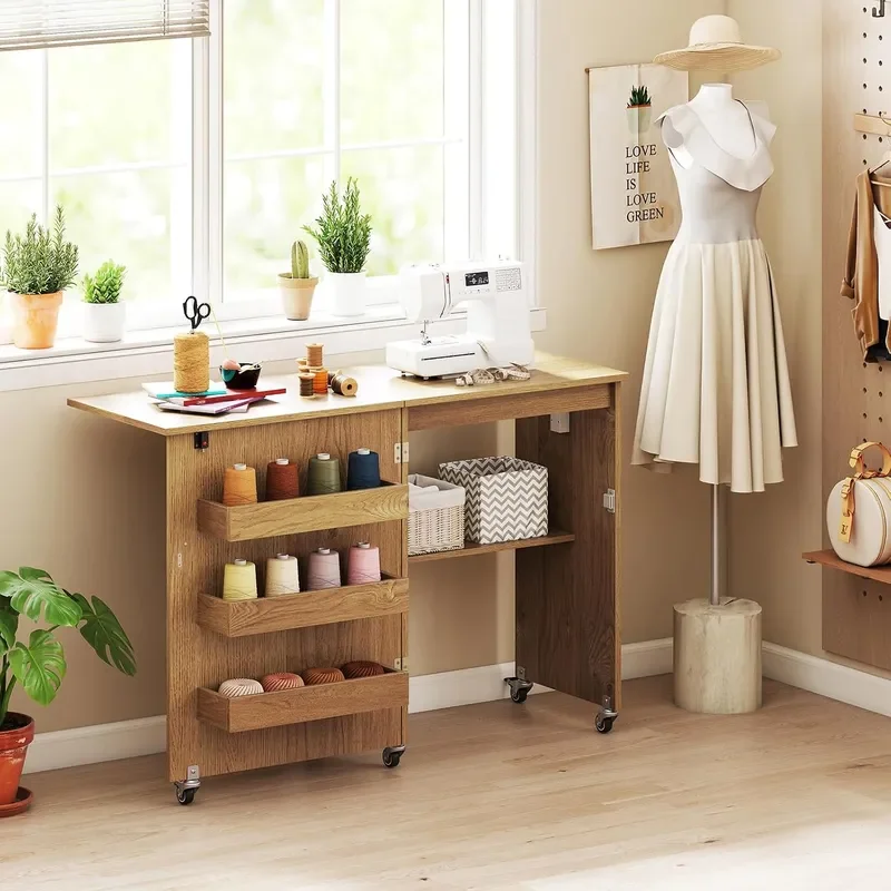Folding Sewing Table with Charging Station Storage Trays Shelf