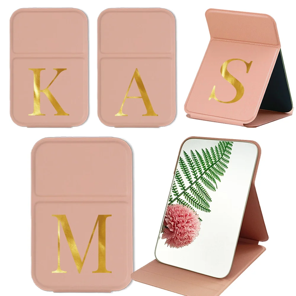 Personalized Pu Vanity Mirror Portable Handheld Makeup Mirror Folding Desktop Makeup Mirror Pocket Cosmetic Tool Letter Pattern