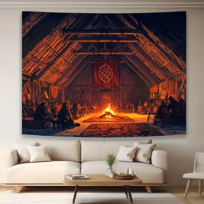 VIKAMA Norse Viking Tapestry Medieval Cabin Warrior Rune Pattern Wall Hanging Nordic Mythology Aesthetic Dorm Bedroom Wall Decor