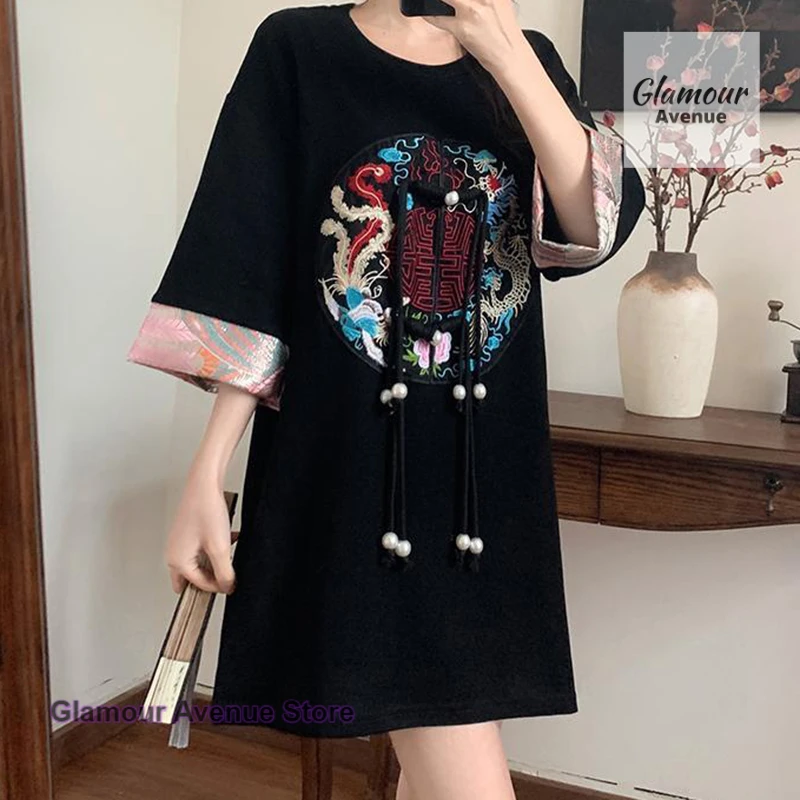 Chinese ethnic embroidery stitching printed short-sleeved dress women's summer new fashion loose casual Joker slim T-shirt.