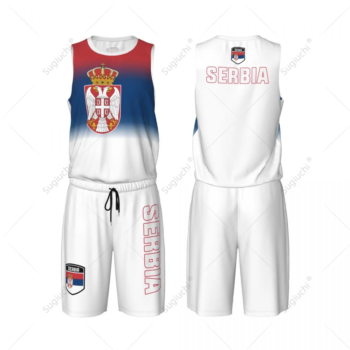 

Men Serbia Flag Basketball Jersey Set Mesh Shirt & Pants Sleeveless Exclusive Team-up Custom Name Nunber Unisex