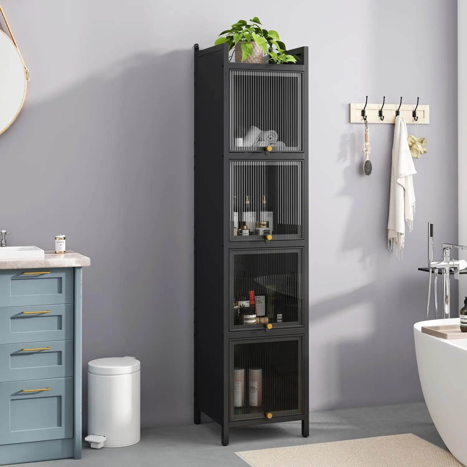Glass Door Cabinets, Display Cabinets, Modern Four-Tier Glass Door Cabinet with Fluted Glass Doors, Five-Tier Storage, Iron Fram